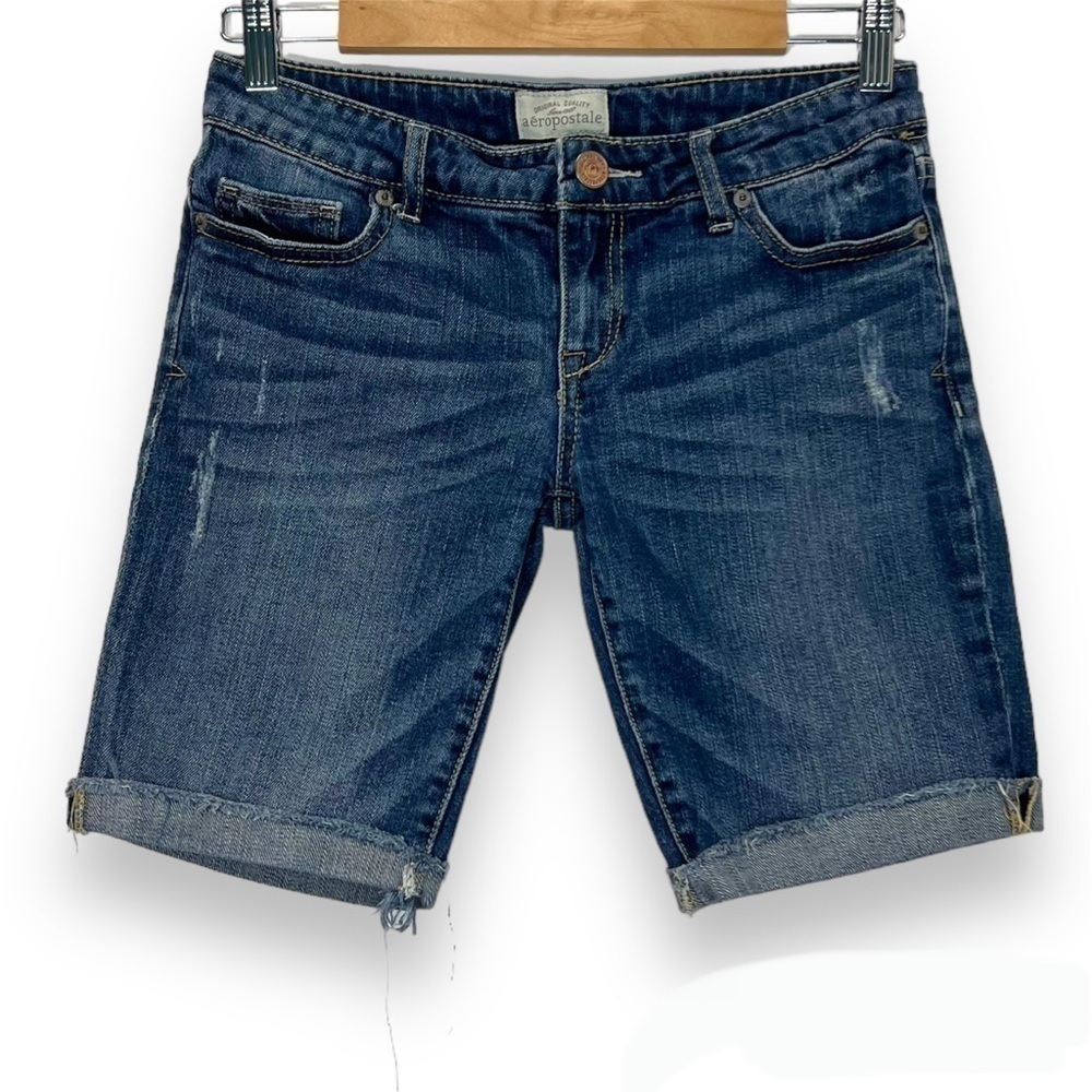 Aeropostale Jean Denim Bermuda Shorts Distressed Raw Edge Cuffed 3/4‎